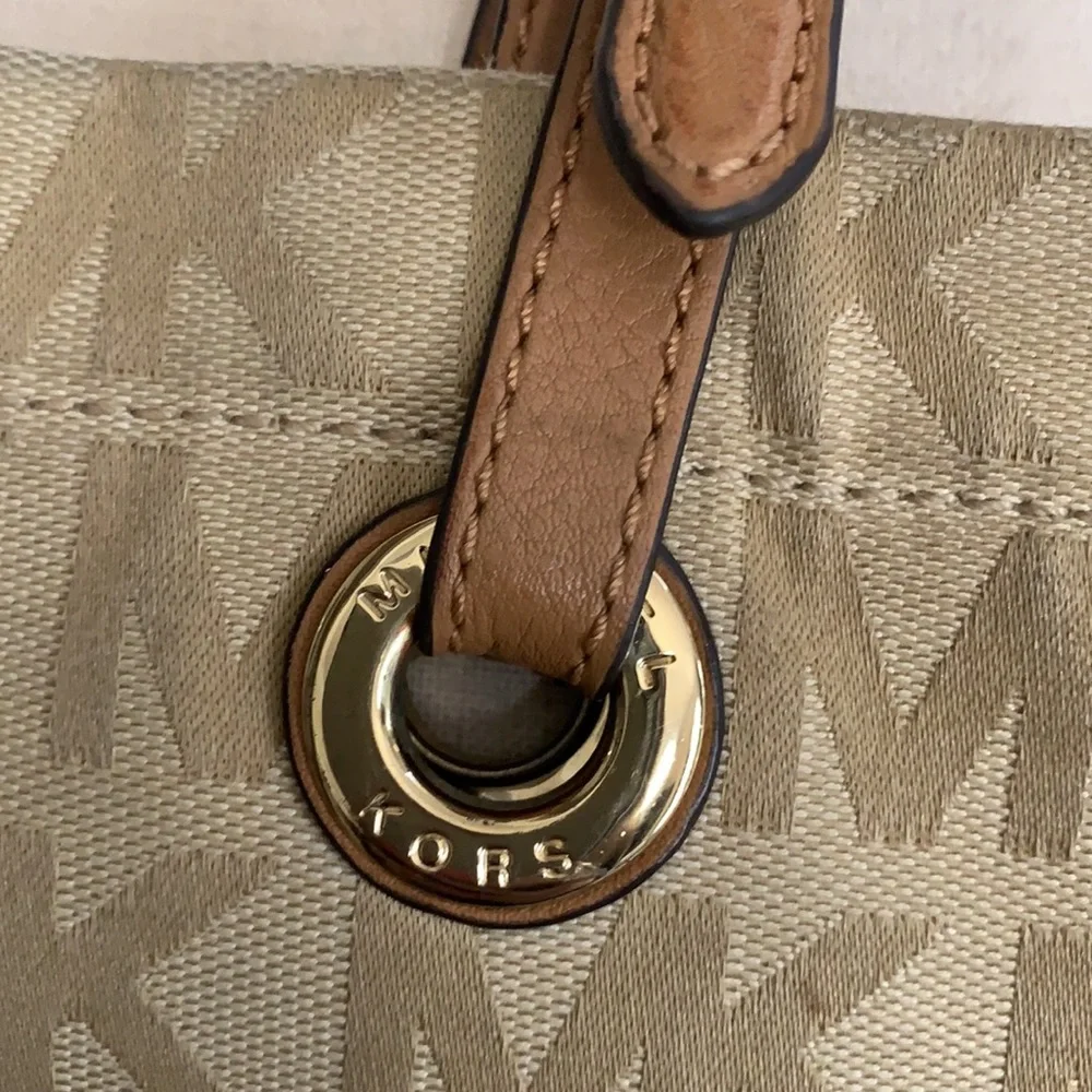 Michael Kors MK monogrammed print tan large shoulder bag with tan leather straps